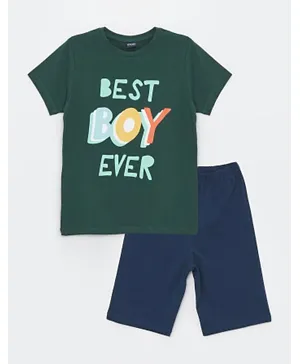 LC Waikiki Best Boy Ever Graphic Crew Neck T-shirt & Shorts Set - Green & Blue