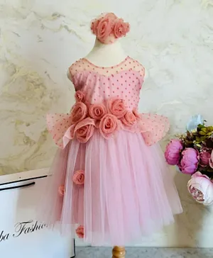 Liba Fashion Abby Beautiful Roses Appliqué Tulle Dress with Hairband - Pink