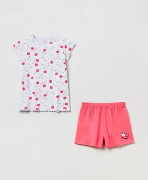 OVS Cotton Apples All Over Printed Short Sleeves Wavy Hem Top & Graphic Shorts Set - Pink & Grey