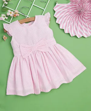 Smart Baby Frill Sleeved Striped Dress With Bow Accent - Pink