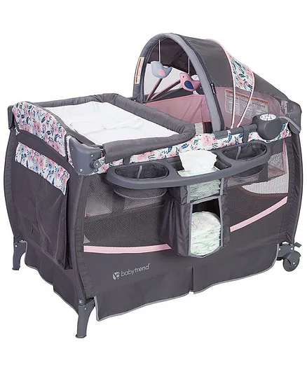 Baby Trend Deluxe II Nursery Center, Playard with Toys, Music, Changing Station - Bluebell Grey/Pink