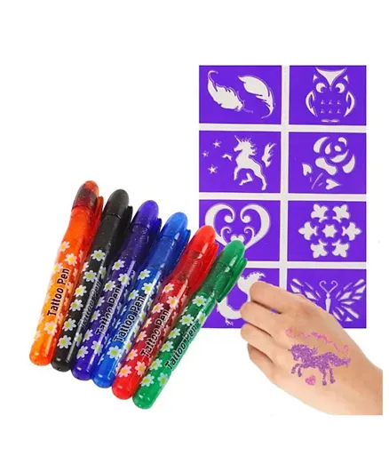STEM Kid-Safe Tattoo Gel Pens Set with 8 Adhesive Stencils - 9 Pieces