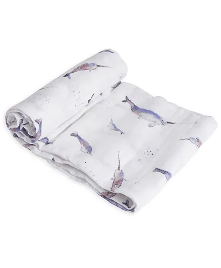 Little Unicorn Cotton Muslin Swaddle Narwhal - White