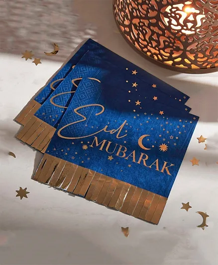 مناديل إيد بارتي بحواف لونها ذهبي وأزرق بتصميم عيد مبارك