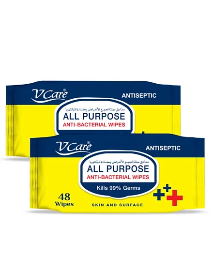 V Care All Purpose Anti - Bacterial Wipes Pack of 2 - 96 Wipes