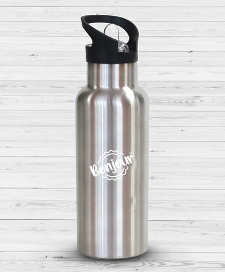 Bonjour Sip Box Premium Stainless Steel Insulated Water Bottle with Straw Lid and Handle Cap Steel Grey - 500ml