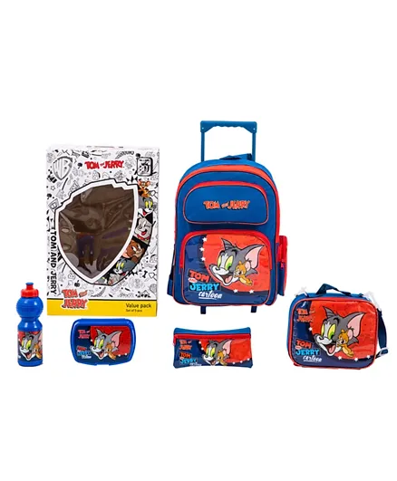 Tom & Jerry Trolley Backpack + Pencil Pouch + Lunch Bag + Lunch Box + Water Bottle