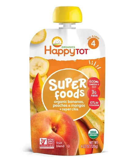 Happy Family Organic Stage 4 Super Foods Banana Peaches and Mango + Super Chia - 120g