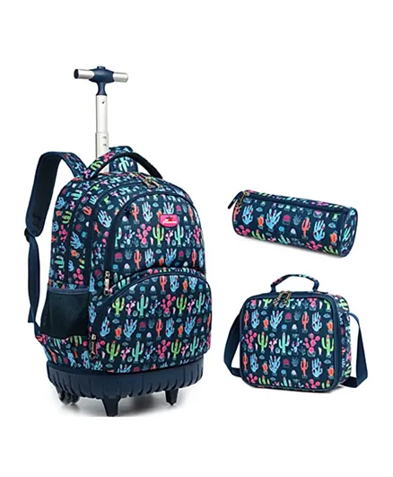 إيزي كيدز - كاكتي طقم حقيبة غداء مدرسية بعجلات مكون من 3 قطع ومقلمة أزرق - 18 بوصة
