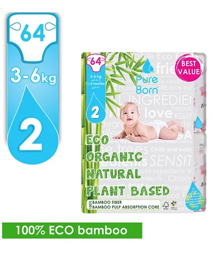 PureBorn Eco Organic  Natural Plant Based Nappies Pack of 2 Size 2 - 192 Pieces