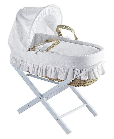 Kinder Valley Broderie Anglaise Palm Moses Basket with Folding Stand - White