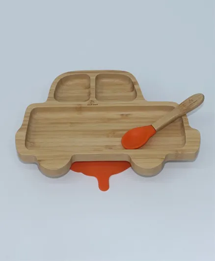 Mori Mori Car Suction Bamboo Plate With Spoon - Orange