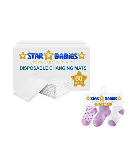 Star Babies Combo, Disposable Changing Mats White - 50 Pieces  + Kids Cotton Gloves - 1 Pair