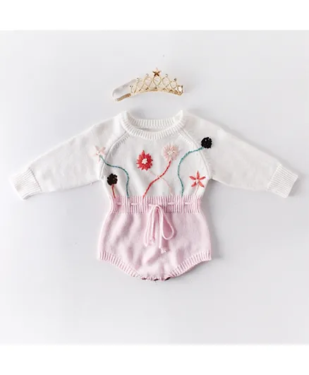 Stylefish Pretty Full Sleeve Embroidered Dressy Onesie with Headpiece - Pink