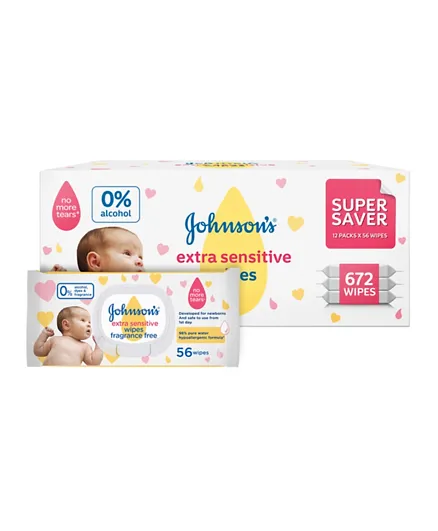 Johnsons & Johnsons Baby Extra Sensitive Wipes Super Saver Pack Of 12 - 672 Wipes