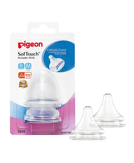 Pigeon Wide-Neck Peristaltic Plus Nipples Medium Blister Pack of 2 - White