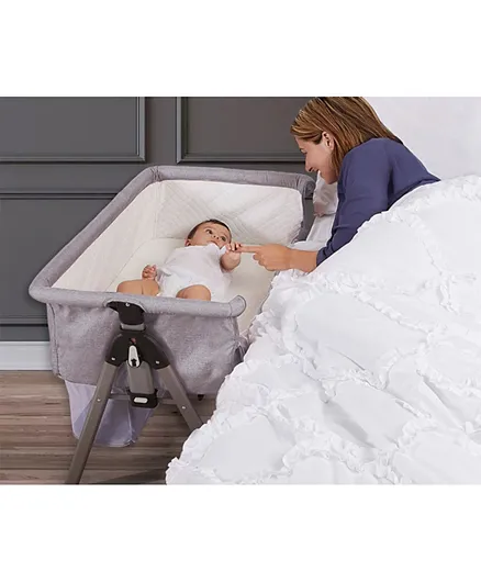 Dream On Me Lotus Bassinet & Easy Folding Height Adjustable Bedside Baby Travel Crib - Grey