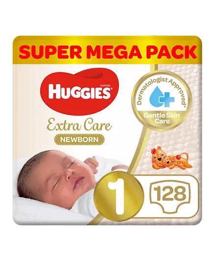 Huggies Extra Care Newborn Diapers Super Mega Pack of 2 Size 1 - 128 Pieces