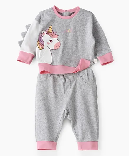 Tiny Hug Unicorn Graphic T-Shirt and Pyjama Set - Grey
