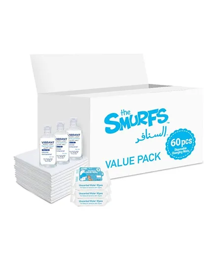 Smurfs Disposable Changing Mats with Water Wipes & Vibrant Sanitizers - Value Pack