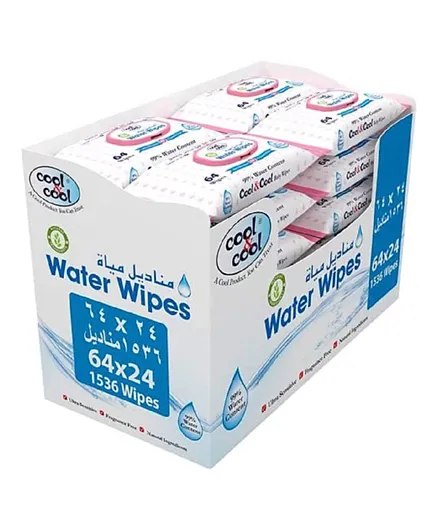 Cool & Cool 99 Percent Water Baby Wipes Pack of 24  - 1536 Pieces
