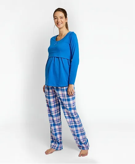 JoJo Maman Bebe 2 Piece Check Maternity Top And Pyjamas Set - Blue