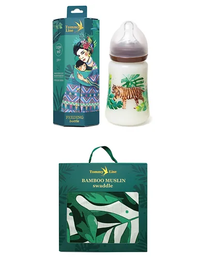 Tommy Lise Combo of Feeding Bottle Midday Walk 250ml + Tommy Lise Bamboo Muslin Swaddle Roaming Mangrove - 120x120cm