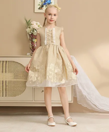 Le Crystal Floral Embroidered Party Dress - Beige
