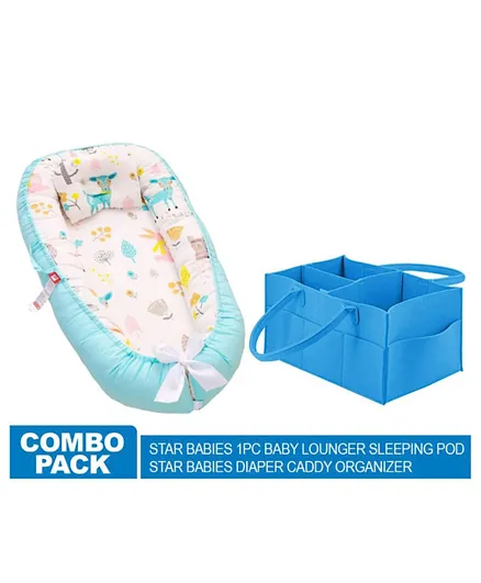 Star Babies Baby Lounger Sleeping Pod with Caddy Diaper Bag Organizer-Blue