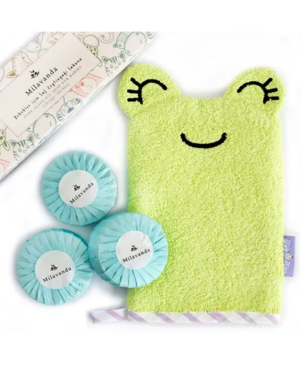 Milk&Moo Cacha Frog Bath Glove and Milavanda Baby Soap Set - Pack of 4