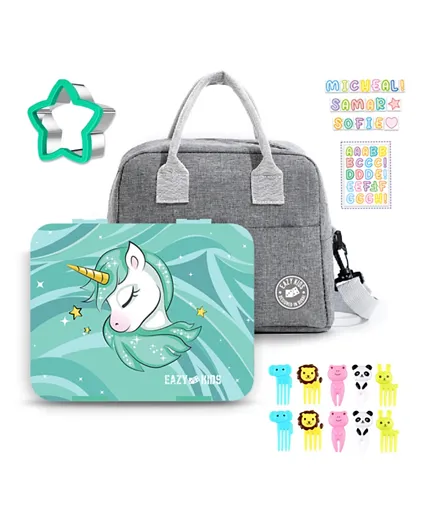 Eazy Kids Unicorn Bento Lunch Box With Lunch Bag & Accessories - Green & Grey