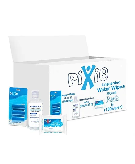 Pixie Pack of 180 Water Wipes + Vibrant Sanitizers 100ml x 5 + Nappy Bags 300 Bags - Value Pack