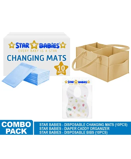 Star Babies Combo Pack of 10 Disposable Changing Mats + Pack of 10 Bibs + 1 Diaper Caddy Organizer - Blue