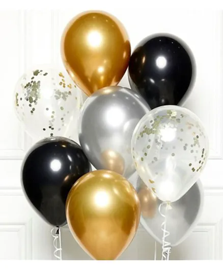 Various brands Black Gold & Silver Balloons with Ribbon - Pack of 8