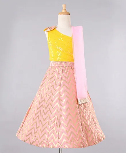 Babyoye Sleeveless One Shoulder Sequined Choli with Chevron Printed Lehenga and Net Dupatta - Yellow Pink