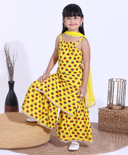 Babyhug Singlet Sleeves Kurta and Sharara Set with Lace Border Dupatta Floral Print - Yellow