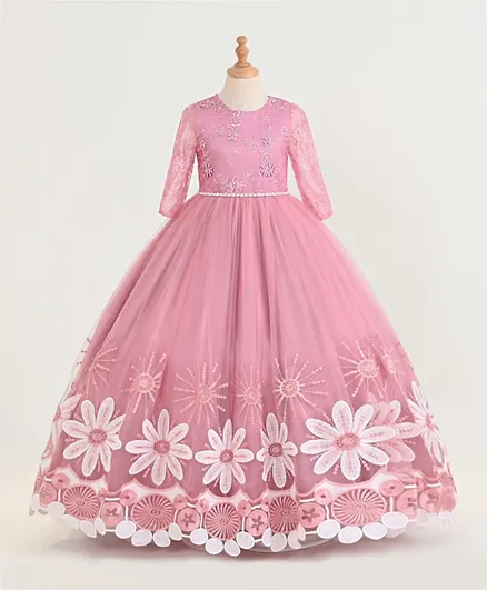 Babyqlo Appliques Mesh Lace Long Party Dress - Pink