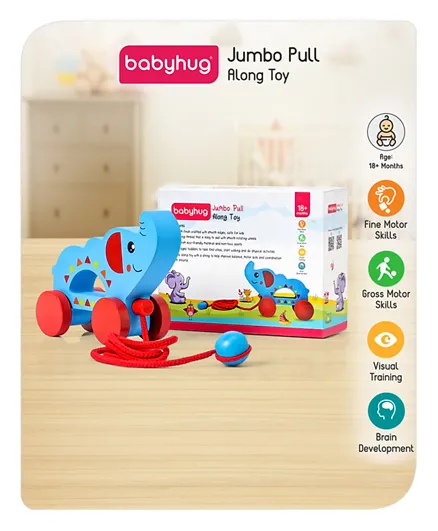 Babyhug Montessori Wooden Elephant Pull Along Toy - Blue