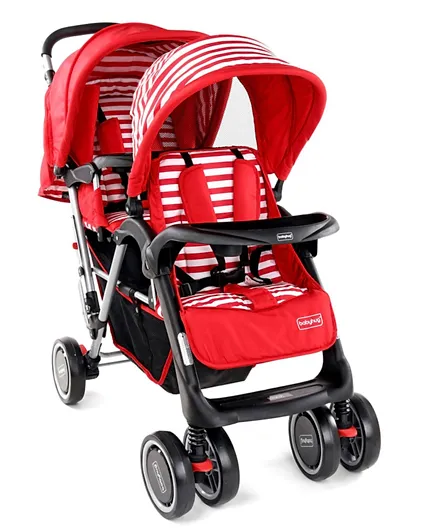 Babyhug Easy Foldable Twin Stroller With Adjustable Leg Rest and Reversible Handle - Red