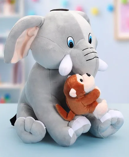 Babyhug Baby Elephant Soft Toy with Attached Monkey - 30 cm