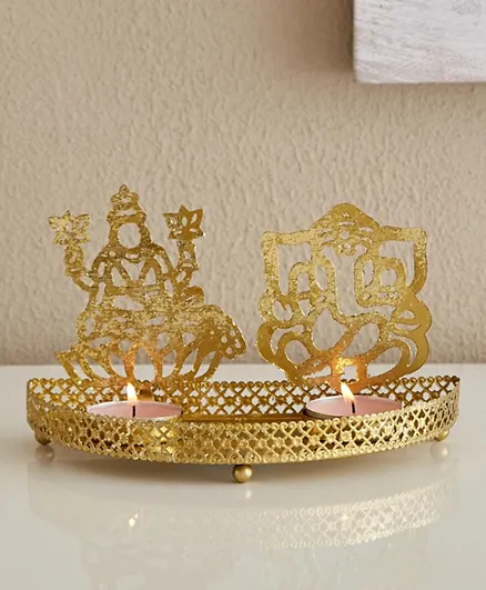 HomeBox Kumudh Metal Gold Foiled Laxmi Ganesh Tealight Holder