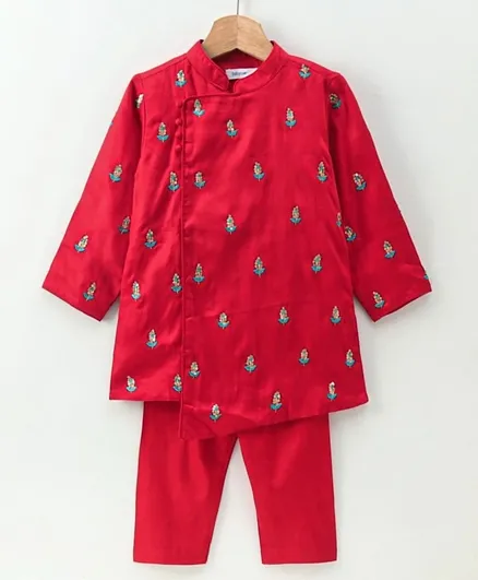 بيبي اوي قميص كورتا وبيجاما مطرز بأكمام طويلة من القطن - أحمر
