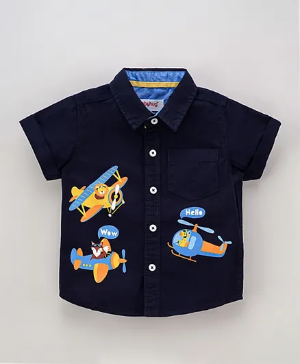 Babyhug Half Sleeves Woven Cotton Shirt Aeroplane Print - Navy