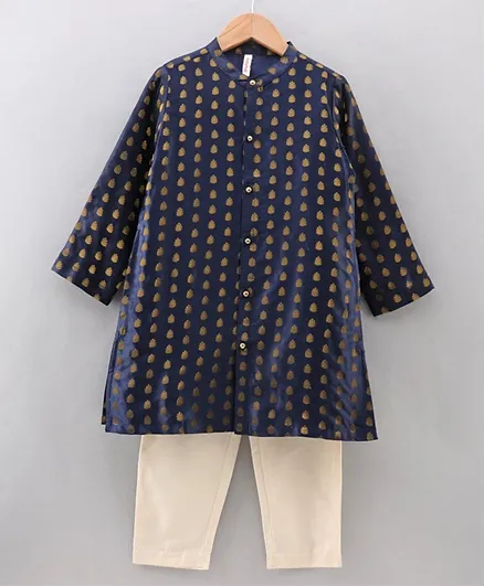 Babyhug Full Sleeves All Over Printed Kurta Pyjama Set - Blue