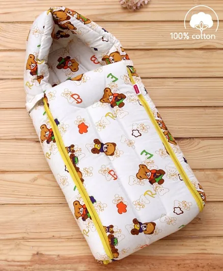 Babyhug 100% Cotton Zipper Sleeping Bag Little Teddy - White