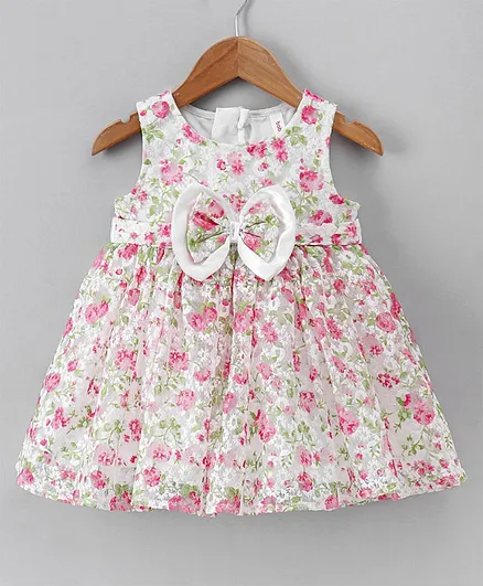 Babyhug Sleeveless Frock with Floral Print and 3D Bow Applique - off White