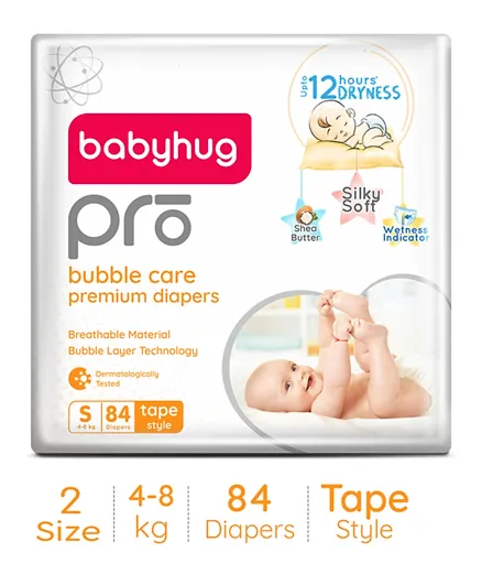 Babyhug Pro Bubble Care Premium Diapers Size 2, 4-8kg, 84 Pieces - 12Hrs Dryness, Quick Absorb, Wetness Indicator