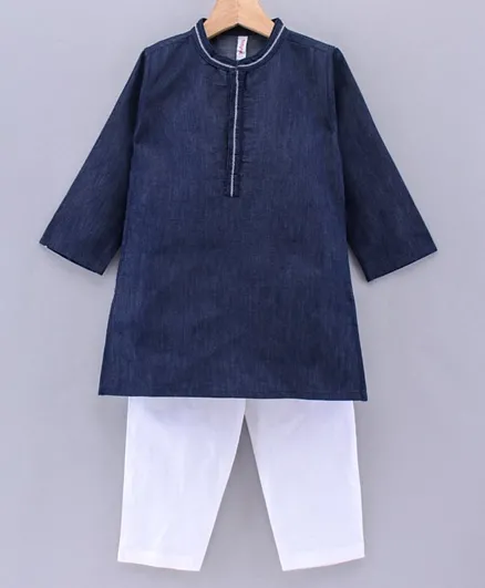 Babyhug Full Sleeves Solid Colour Kurta & Pyjama - Dark Blue White