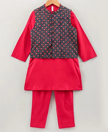 Babyhug Full Sleeves Kurta Pyjama Set with Waistcoat Buti Print - Red Blue