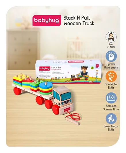 Babyhug Montessori Stack & Pull Wooden Truck Multicolor - 16 Pieces